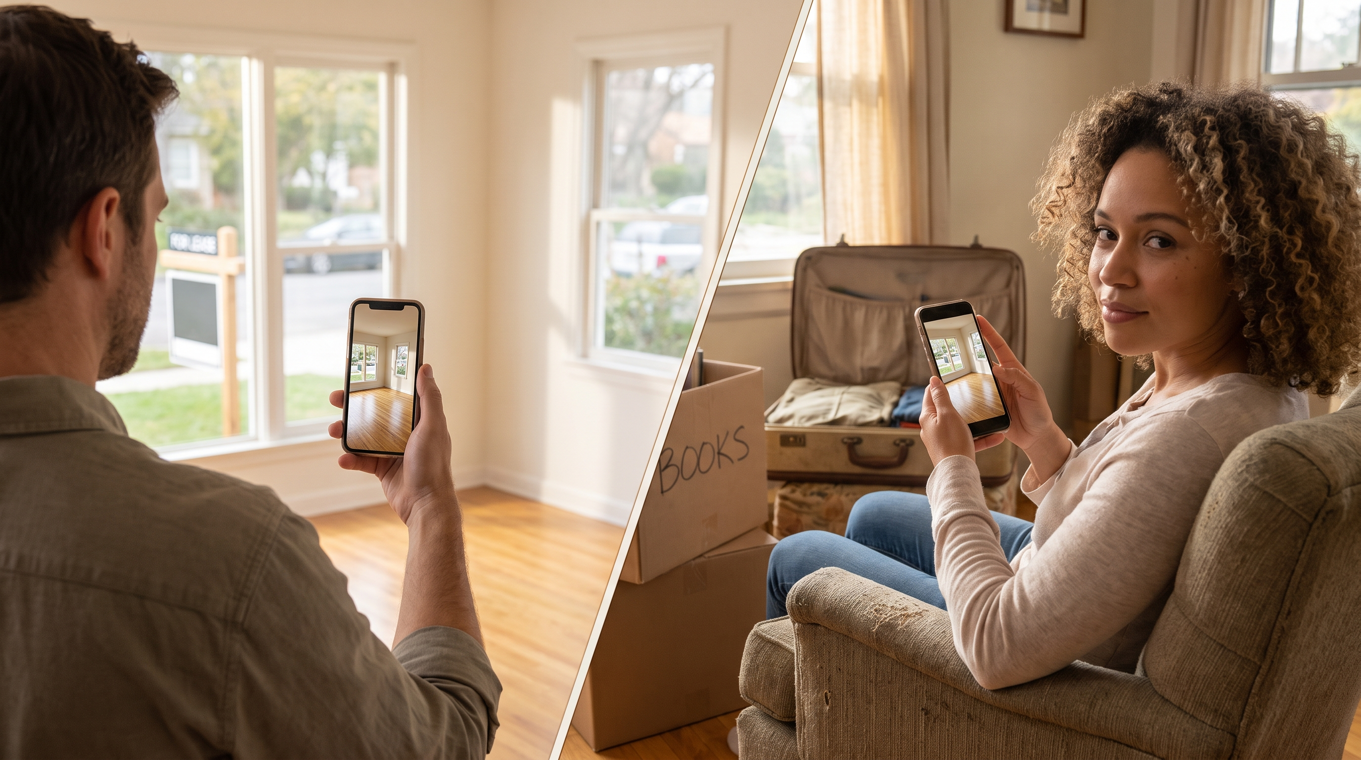 A landlord holds up a phone to give a live video walkthrough of an empty rental property with a For Lease sign visible outside, while a prospective tenant surrounded by moving boxes views the same room remotely on her own phone.
